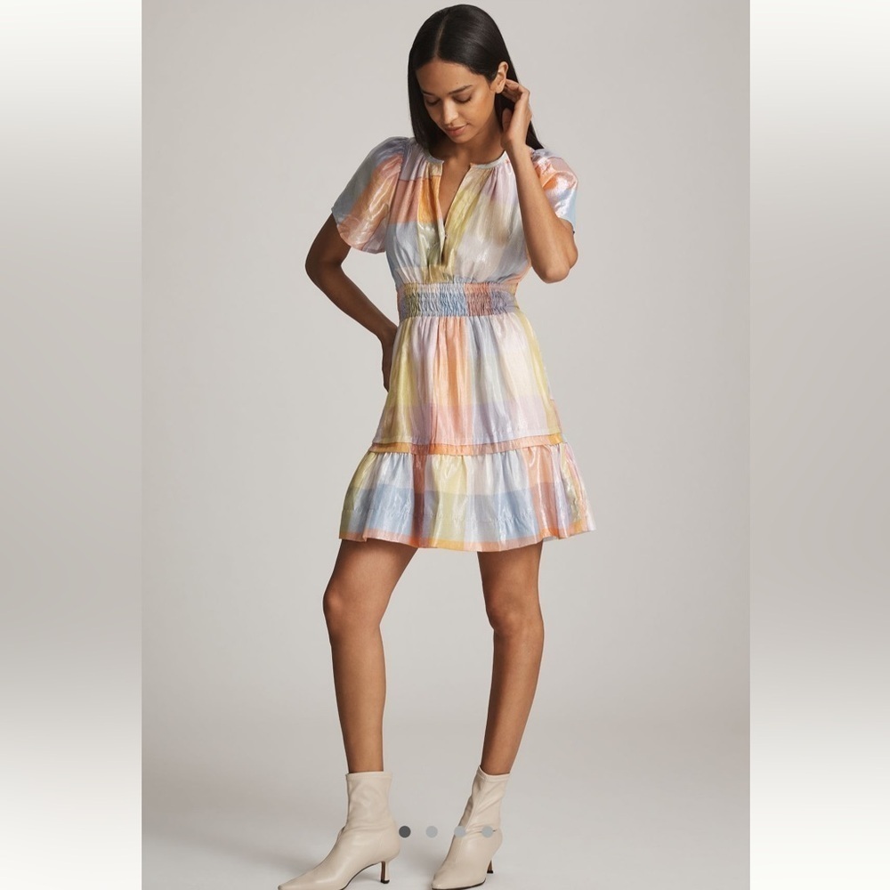 NWT new MP medium petite Anthropologie Somerset mini dress metallic pastel plaid